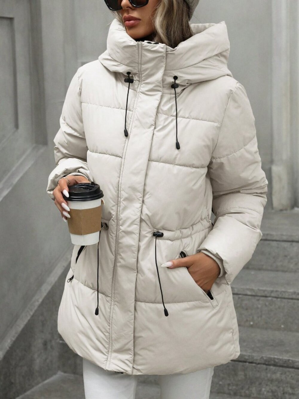Beige Casual Women's Mid-Length Slim Fit Padded Hooded Padded Coat
